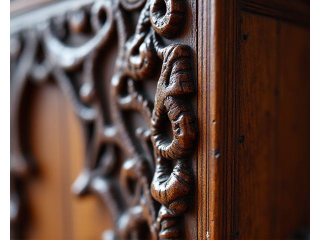 Nahaufnahme einer kunstvollen Holzschnitzerei an einem antiken Möbelstück, zeigt feine Details und handwerkliches Können.
