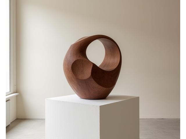 Ein elegantes, abstrakt geformtes Holzobjekt, Teil einer limitierten Kunsthandwerk-Edition, auf einem minimalistischen Sockel in einer Galerie.
