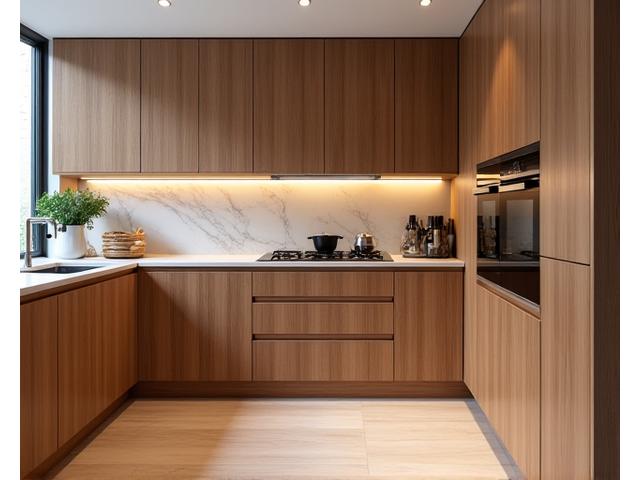 Eine moderne, maßgefertigte Holzküche in einem offenen Wohnbereich, mit integrierten Geräten und viel Stauraum in warmen Holztönen.