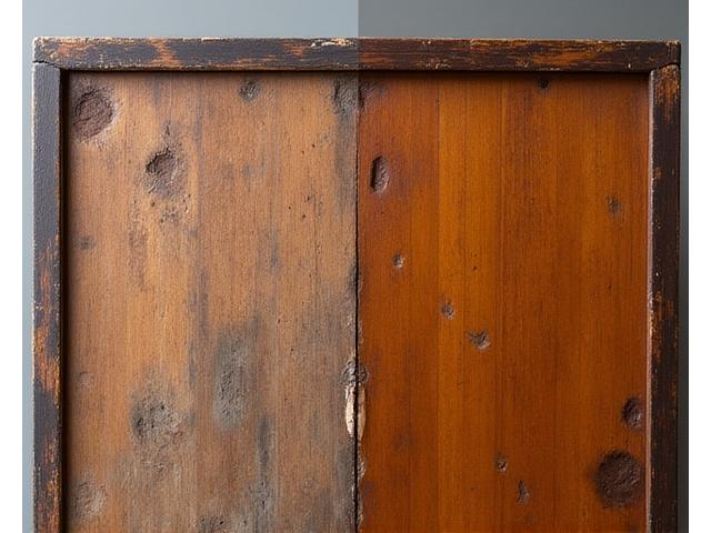 Ein Split-Bild, das ein altes, beschädigtes Holzmöbelstück (vorher) und das gleiche Stück nach einer fachgerechten Restaurierung (nachher) zeigt.