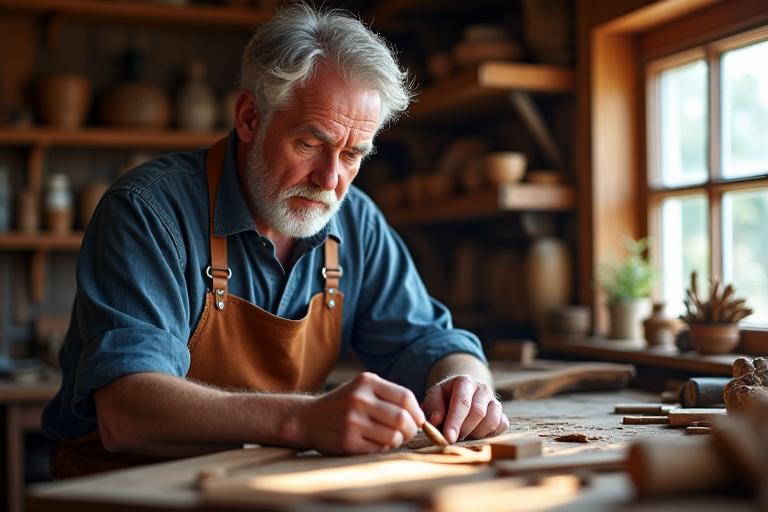 Porträt des Gründers und Meisterschreiners in seiner Werkstatt bei der Arbeit an einem Holzstück