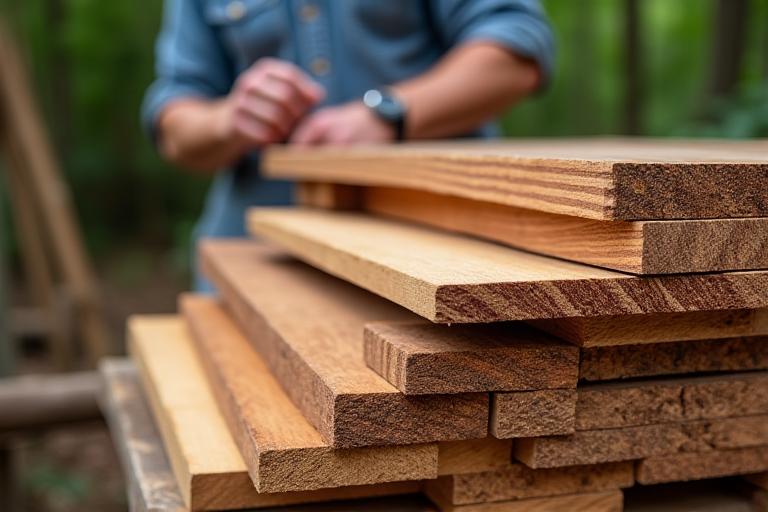 Gestapelte, nachhaltig bezogene Holzbretter, bereit zur Verarbeitung